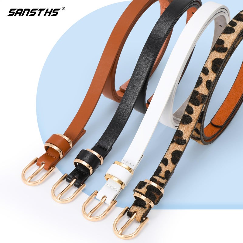SANSTHS 4 Pack Women Thin Belts for Jeans Dresses Coats Skinny Women Belt with Gold Alloy Buckle, Black+Coffee+White+Leopard XL - Image 4